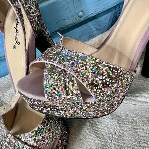 Qupid Multi Glitter Pink Chunky Heels